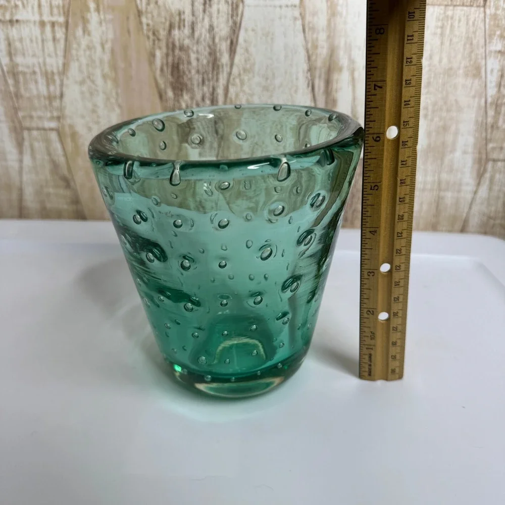 Vintage Green Hand Blown Bubble Glass Vase Heavy Bullicante Art Glass 6